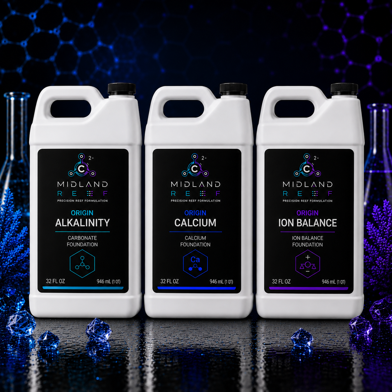 ORIGIN Complete Foundation Kit™ — 3 × 32oz bottles of alkalinity, calcium, and ion balance for reef aquariums